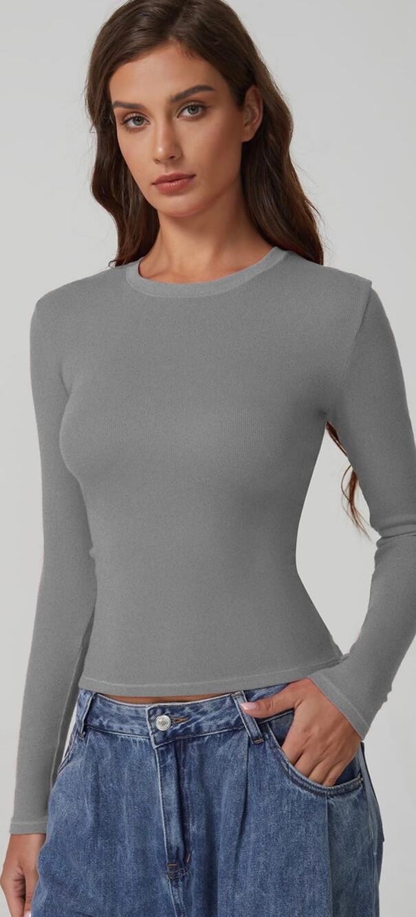 QINSEN Gray Ribbed Fitted Long Sleeve Top S